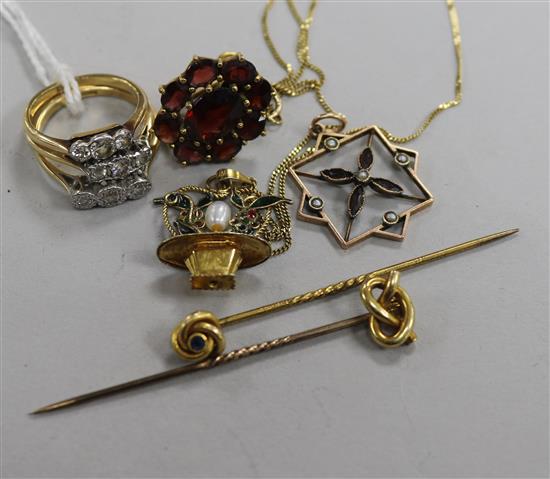 Three gold and three stone diamond rings, two stamped 18ct. Two 15ct gold stick pins and three other items.